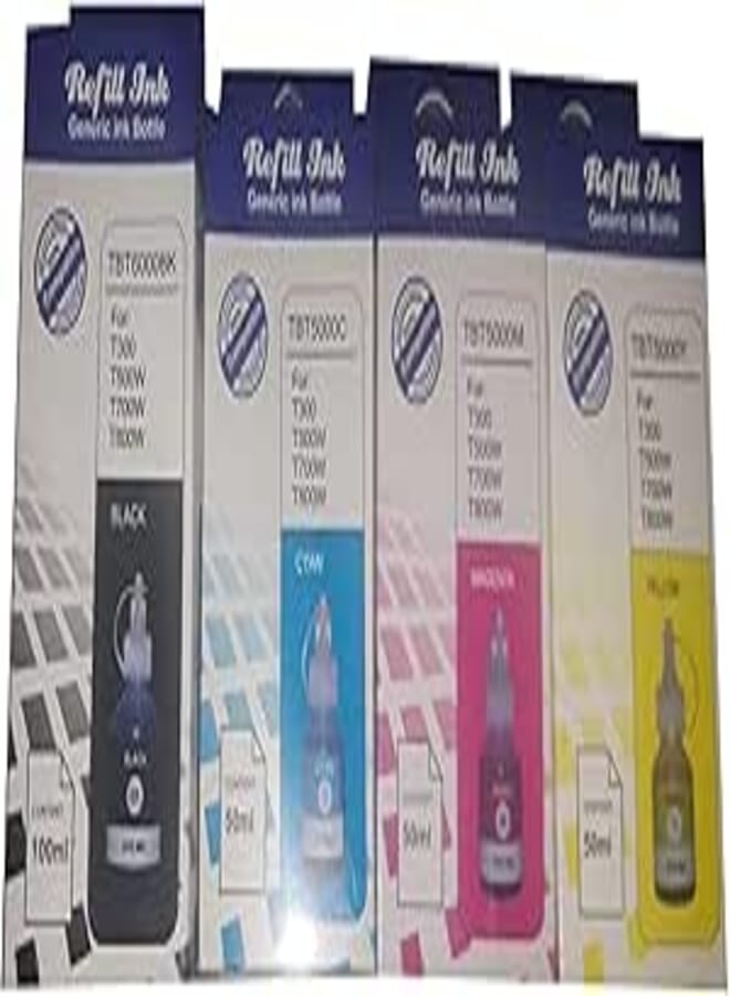 Generic Refill Ink for Brother T300, T500W, T700W, T800W Printers - Black, Magenta, Cyan, Yellow - 100ml Black, 50ml Each Color - Compatible with Remanufactured Options